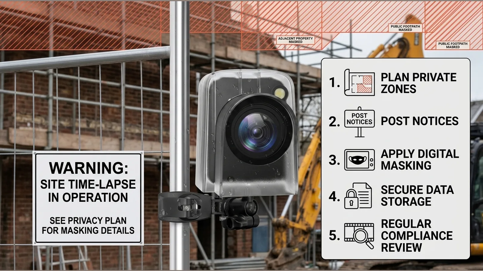 Construction time-lapse privacy checklist showing framing and signage