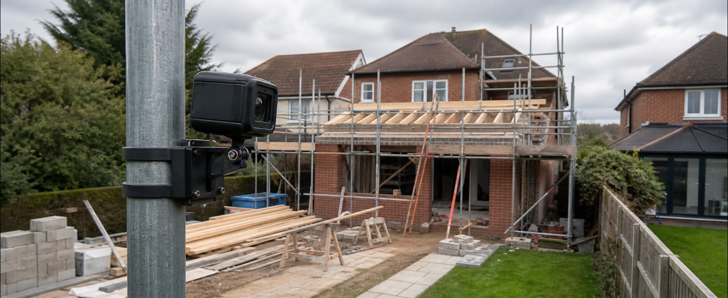Weather-resistant time-lapse camera securely mounted beside a UK house-extension building site