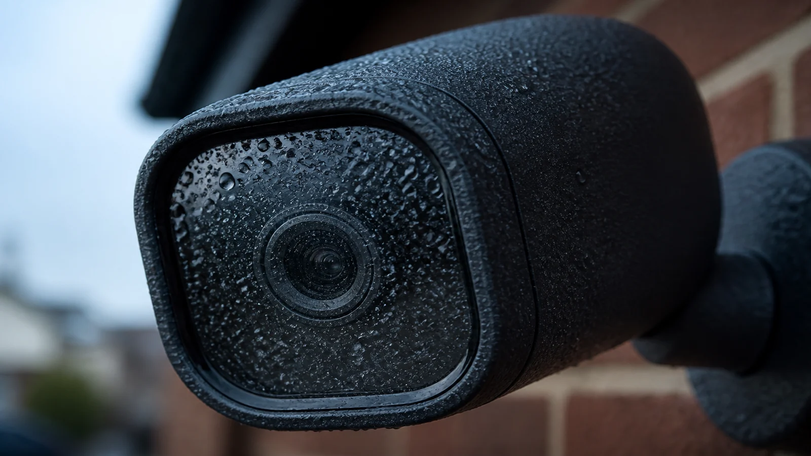 Condensation droplets on the outside of an outdoor time-lapse camera