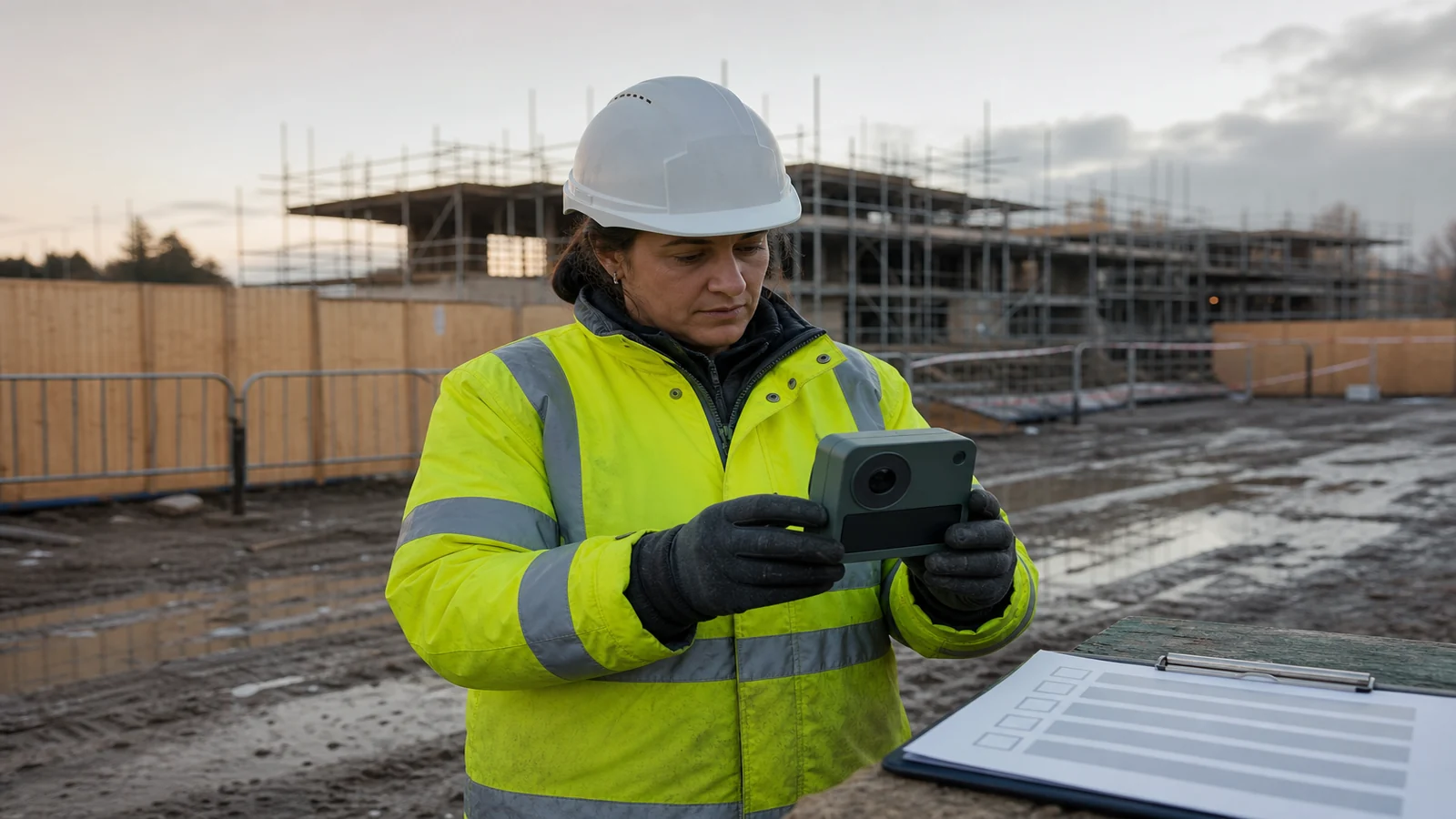 Site supervisor carrying out a pre-start check on a time-lapse camera
